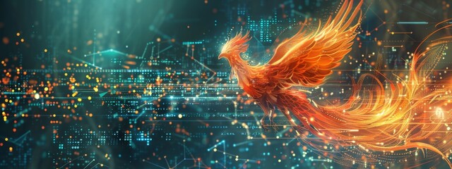 Illustration of a cyber phoenix rising from the ashes of a compromised supply chain, symbolizing recovery and strength in cybersecurity, set against a backdrop of a digital rebirth and renewal. - obrazy, fototapety, plakaty