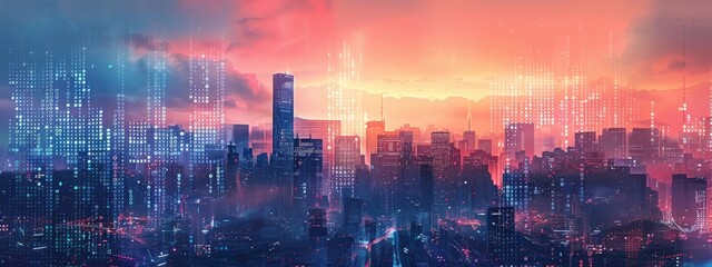 Illustration of a futuristic digital city skyline with shadowy binary code clouds overhead, symbolizing the pervasive threat of ransomware evolution and Cybercrime - obrazy, fototapety, plakaty