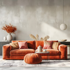 Interior design of modern living room with velvet terra cotta sofa. 3d render.