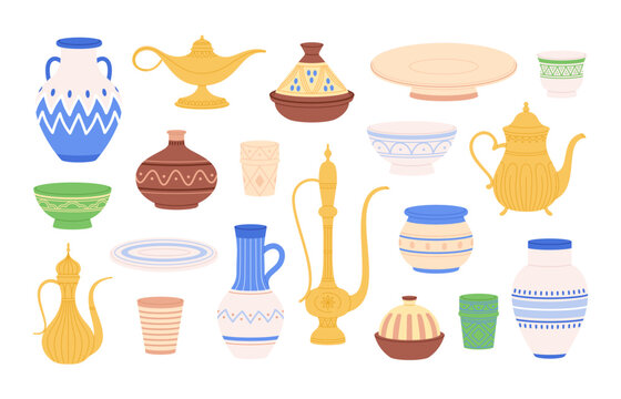 Arabic jugs and crockery. Moroccan saudi ancient lamp, decorated traditional plates, bowls and pots. Pottery arabian heritage, racy vector set