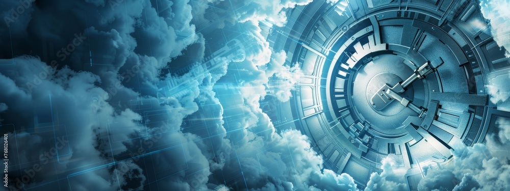 Poster illustration of a futuristic digital city skyline with shadowy binary code clouds overhead, symboliz