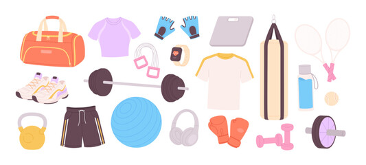 Sport training tools. Gym equipment, workout accessories for outdoor and home. Athletic shoes and clothes, bag and water bottle, racy vector clipart