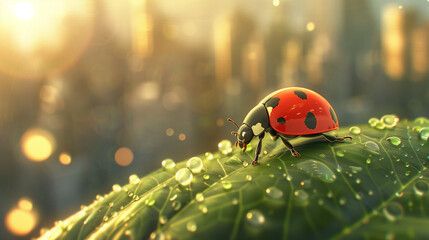 ladybird on a green leaf, water droplets, city in the background