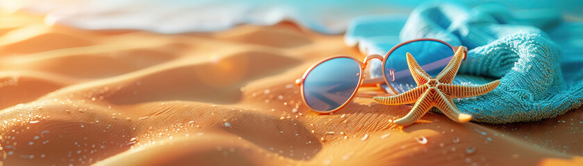 Bright and Inviting Summer Vacation Concept with Beach Towel, Starfish, and Sunglasses on Golden Sand, 3D Render, 3DCG - obrazy, fototapety, plakaty
