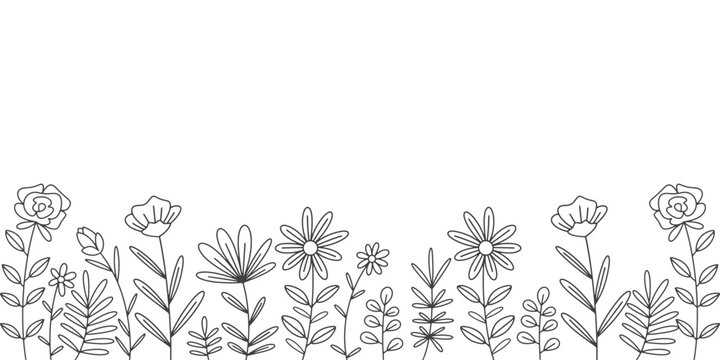 field flowers line art style vector illustration. summer plants sketch. Floral glade with grass and plants. Wild flower. Vector illustration.