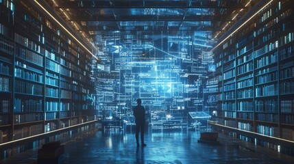Imagine a vast, futuristic library with books and holograms of cybersecurity laws, including the NIS2 Directive and Cyber Resilience Act