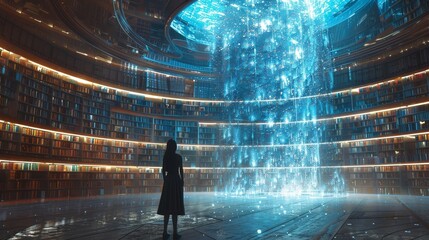 Imagine a vast, futuristic library with books and holograms of cybersecurity laws, including the NIS2 Directive and Cyber Resilience Act