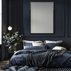 Frame mockup in cozy dark blue bedroom interior, 3d render.