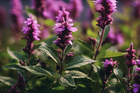 A field of purple flowers with a bright blue sky in the background.