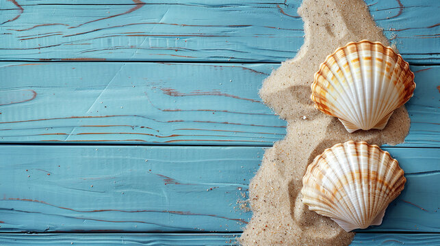 Summer background with copy space for text. Blue boards, sand and shell in the image