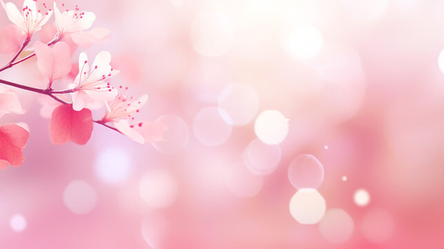 Pastel pink blur bokeh soft glitter light abstract background with focused beautiful flowers.