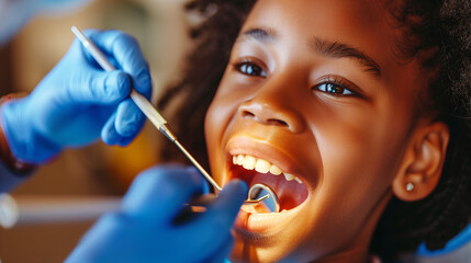 Young African American girl with an open mouth having an annual checkup in a dentist office