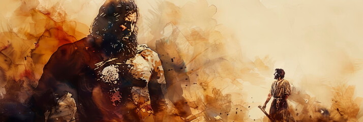 Captivating watercolor of David and Goliath, illustrating the triumph of courage and faith over adversity.. Generative AI