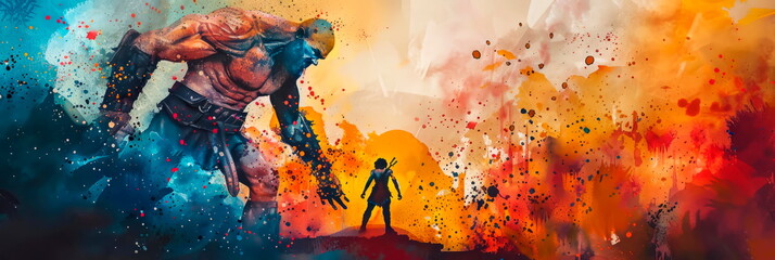 Captivating watercolor of David and Goliath, illustrating the triumph of courage and faith over adversity.. Generative AI - obrazy, fototapety, plakaty