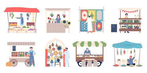 Flat market stall. Different stalls with east asian goods and food. Fresh fruits vegetables, spices and souvenirs. Flat exotic stands and people, recent vector set