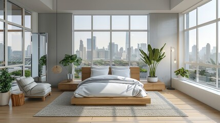Modern loft bedroom with city view and soft natural light pouring in