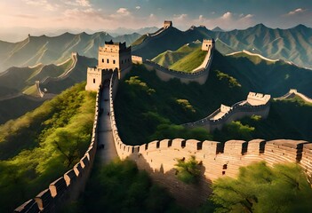 Aerial drone shots capturing The Great Wall from above, Majestic Great Wall of China at sunset, aerial view - obrazy, fototapety, plakaty