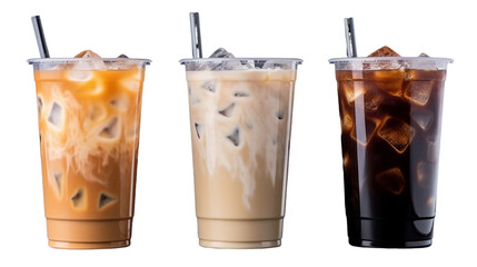 Indulge in Morning Bliss with Cold Ice Caramel Latte and Americano Coffee Set, Perfect for Energizing Refreshment on Transparent Background