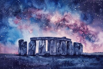 Majestic Stonehenge Monument Standing Tall Amidst Radiant Starlit Night Sky in Stunning Watercolor Artwork Illustration - obrazy, fototapety, plakaty