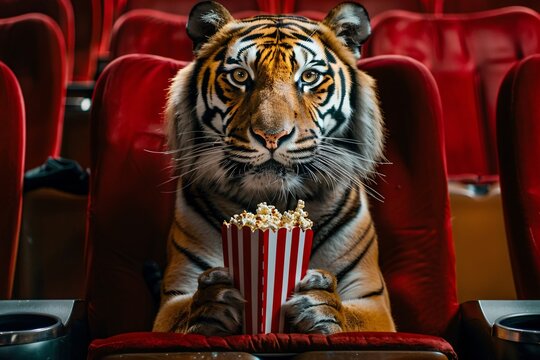 a tiger sitting in a movie theater with a bucket of popcorn