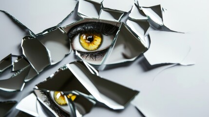 A striking conceptual image of an eye peering through fragmented pieces of a shattered mirror, emphasizing themes of perception and broken reality