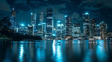 A serene nighttime panorama of a city's skyline reflecting on calm waters, with a moody blue tone.