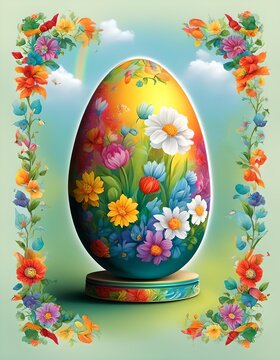Easter egg characterized by flowers and floral allegories, bright colors and a rainbow background symbolizing the awakening of spring and nature