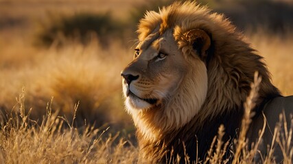male lion in the wild, The savannah itself is a vast expanse of grasslands and acacia trees, stretching as far as the eye can see. The golden hues of the grasses blend seamlessly with the lion's fur, 