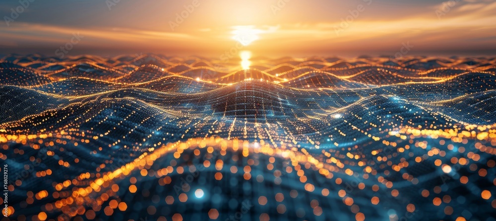 Poster digital network streamline connection of wave particles symbolizing information technology