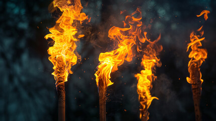 Several rustic torches burning fiercely, casting a warm glow in a dark, mysterious setting with smoke rising.