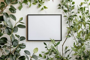 Empty picture frame on a white wall encircled by lush green foliage, awaiting personalization.