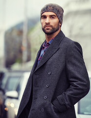 Fashion, portrait or man in city with coat for edgy clothes, outdoor travel or elegant style for...