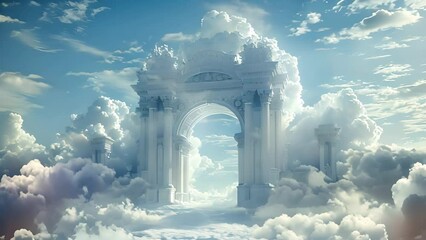 Gate to heaven paradise in white clouds. open archway gates of heaven on a bright and cloudy background 4k video. Amazing entrance to Gods paradise beauty cloudy - Powered by Adobe