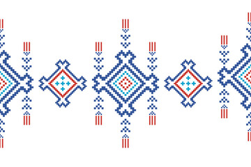 Obraz premium Cross Stitch embroidery seamless.Geometric pixel ethnic patterns. American, Mexican,African, mediterranean, nordic,Aztec style.Trendy folk art background design for products, fabric, ,print,decorate.