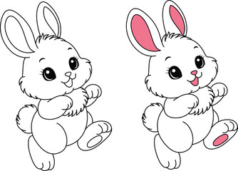 Cute kawaii bunny cartoon character coloring page vector illustration