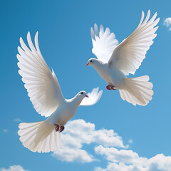 Obraz premium Peaceful White Doves Flying in the Sky.