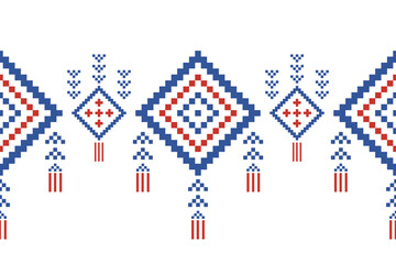Fototapeta premium Cross Stitch embroidery seamless.Geometric pixel ethnic patterns. American, Mexican,African, mediterranean, nordic,Aztec style.Trendy folk art background design for products, fabric, ,print,decorate.