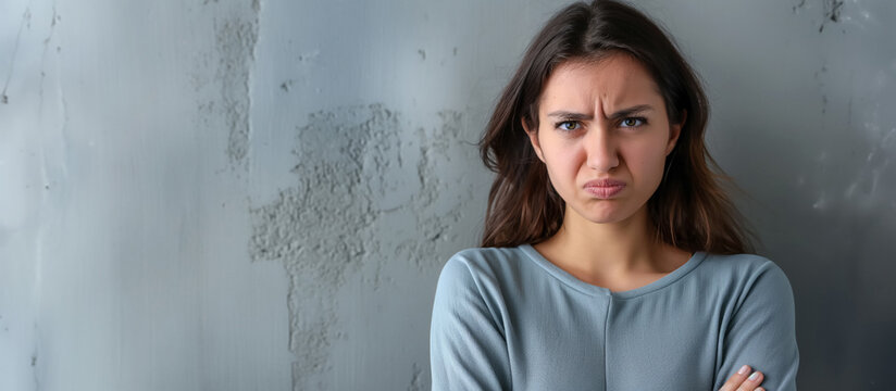 A young woman stands with her arms crossed, displaying an upset and disgruntled expression against a grey wall.