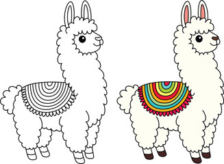 Cute kawaii llama cartoon character coloring page vector illustration © Saly