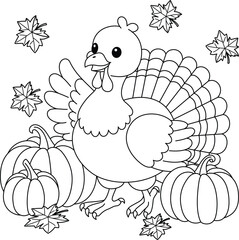 Cute kawaii turkey cartoon character and pumpkins coloring page vector illustration