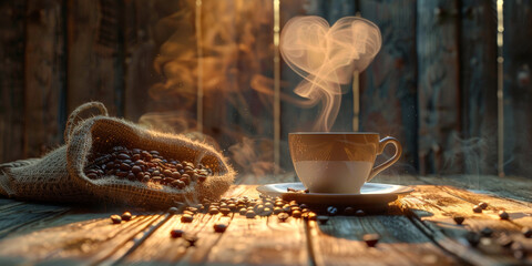 a cup of coffee with heart shape smoke on a wooden table with coffee beans background,banner