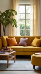 living room interior with a ocra yellow sofa
