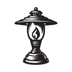 a black and white drawing of a lamp that has a flame on it.
