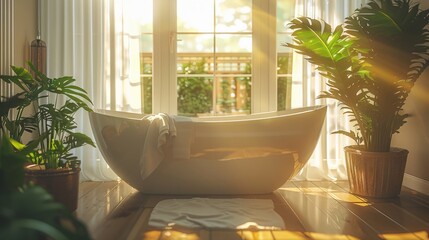 Cozy bathroom corner with sunlight filtering through large windows