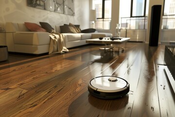 a robotic vacuum cleaning your apartment - obrazy, fototapety, plakaty