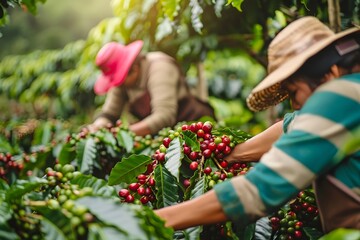 People picking berries from coffee trees on plantations