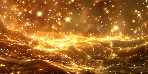 Naklejka premium Abstract Glowing Lights and Sparkles on Golden Wavy Background - Ethereal Energy Concept