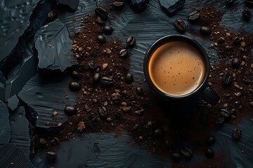 Espresso cup with coffee beans on a dark marble background