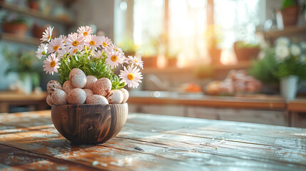Bouquet of spring flowers with Easter eggs on the kitchen table. Easter decoration in the kitchen