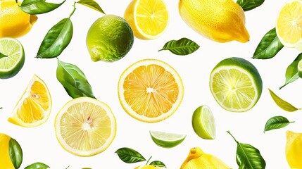 Fresh yellow fruits of lemon, lime, with green leaves. Seamless citrus texture
